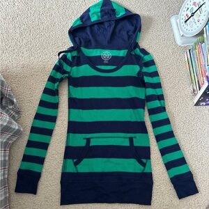 SO Women's Navy and Green Striped Long Sleeve Hoodie Tee